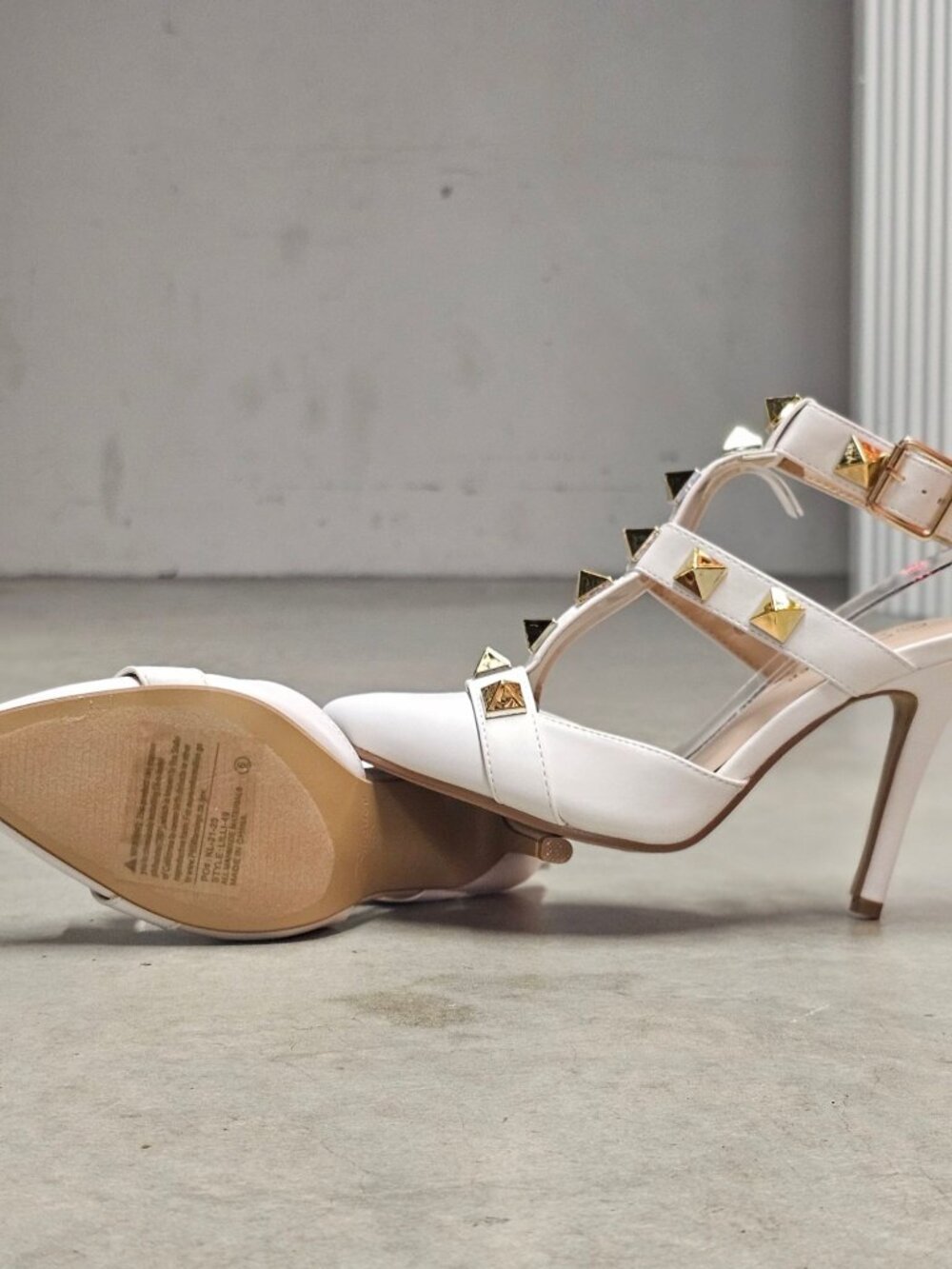 White Studded Pointed-Toe High Heels With Adjustable Buckle Strap & T-Strap Desi - Picture 13 of 15